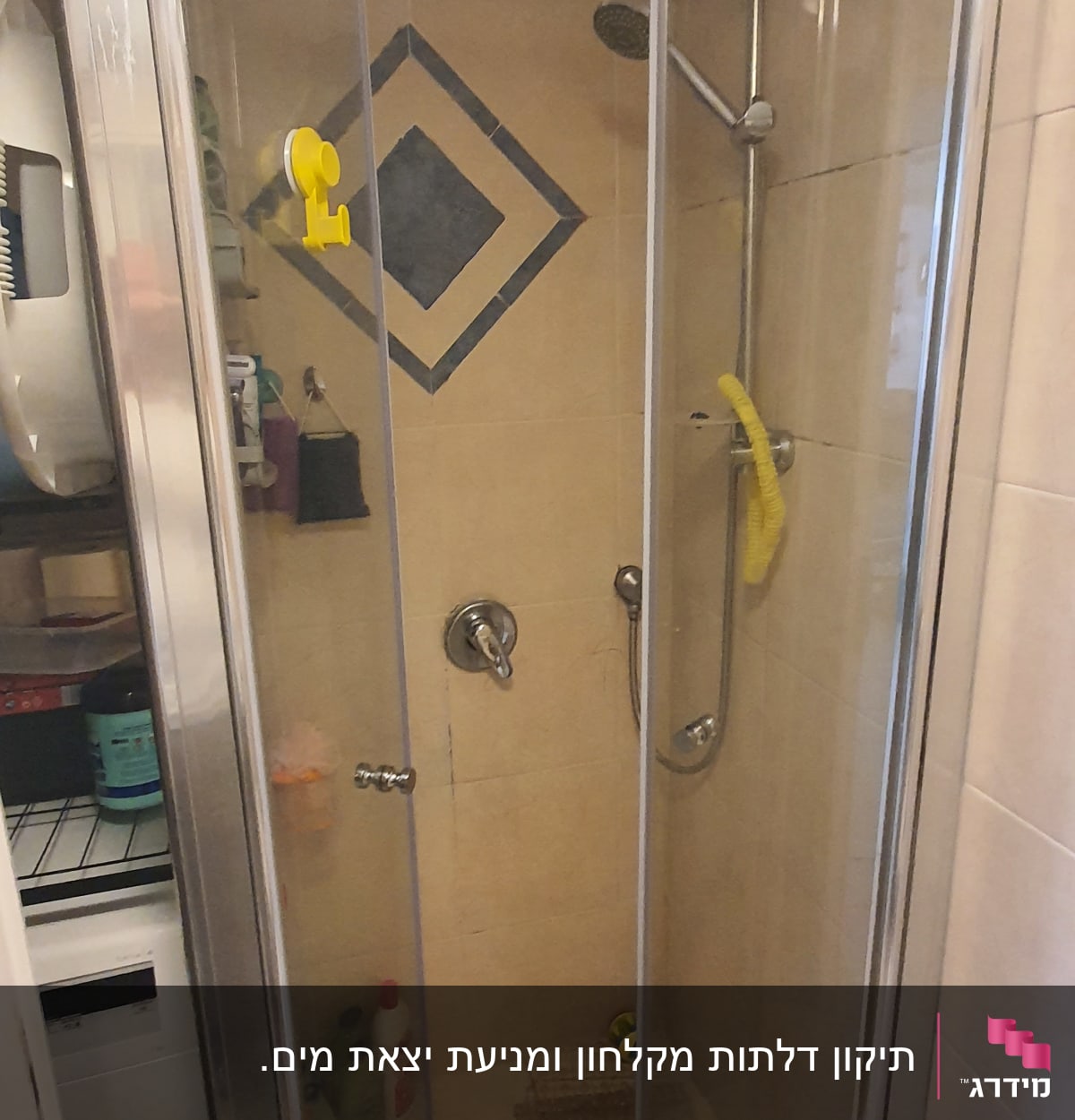 מקלחון עם דלתות זכוכית, ראש מקלחת ומדף מוצרים